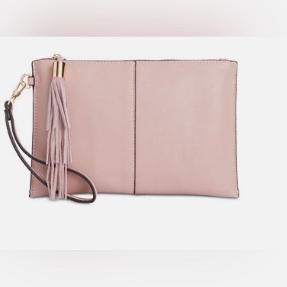 INC champagne colored leather clutch with wristlet strap